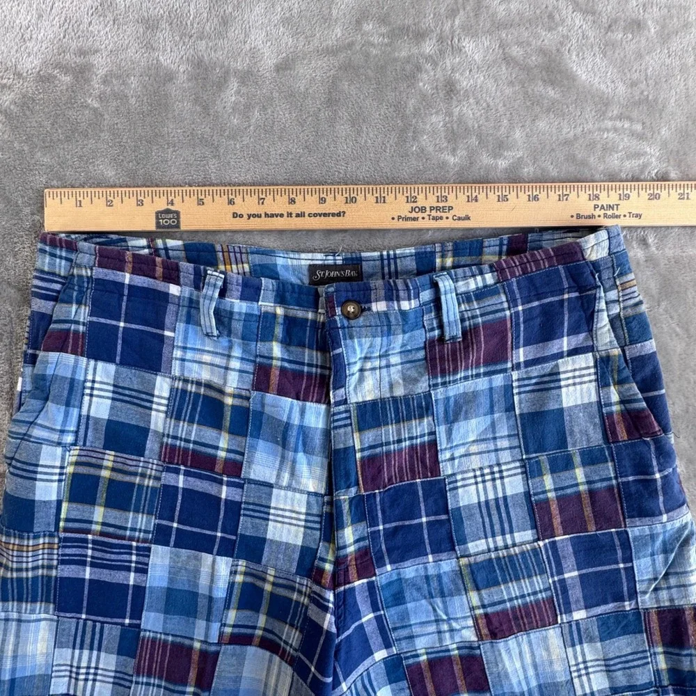 St Johns Bay Patchwork Plaid‎ Shorts Mens 38 Blue Madras Preppy Coastal Cotton